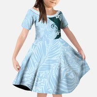 Polynesia Hibiscus Family Matching Puletasi and Hawaiian Shirt Sky Blue Curve Motif LT05 Daughter's Dress Blue - Polynesian Pride