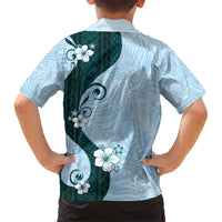 Polynesia Hibiscus Family Matching Short Sleeve Bodycon Dress and Hawaiian Shirt Sky Blue Curve Motif - Polynesian Pride