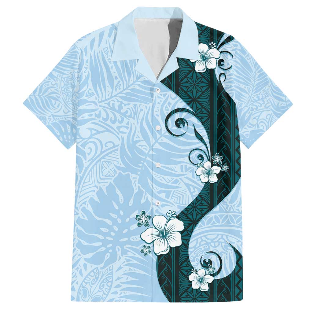 Polynesia Hibiscus Family Matching Short Sleeve Bodycon Dress and Hawaiian Shirt Sky Blue Curve Motif - Polynesian Pride