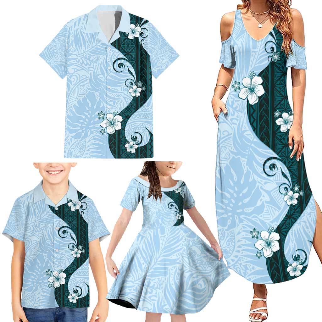 Polynesia Hibiscus Family Matching Summer Maxi Dress and Hawaiian Shirt Sky Blue Curve Motif - Polynesian Pride