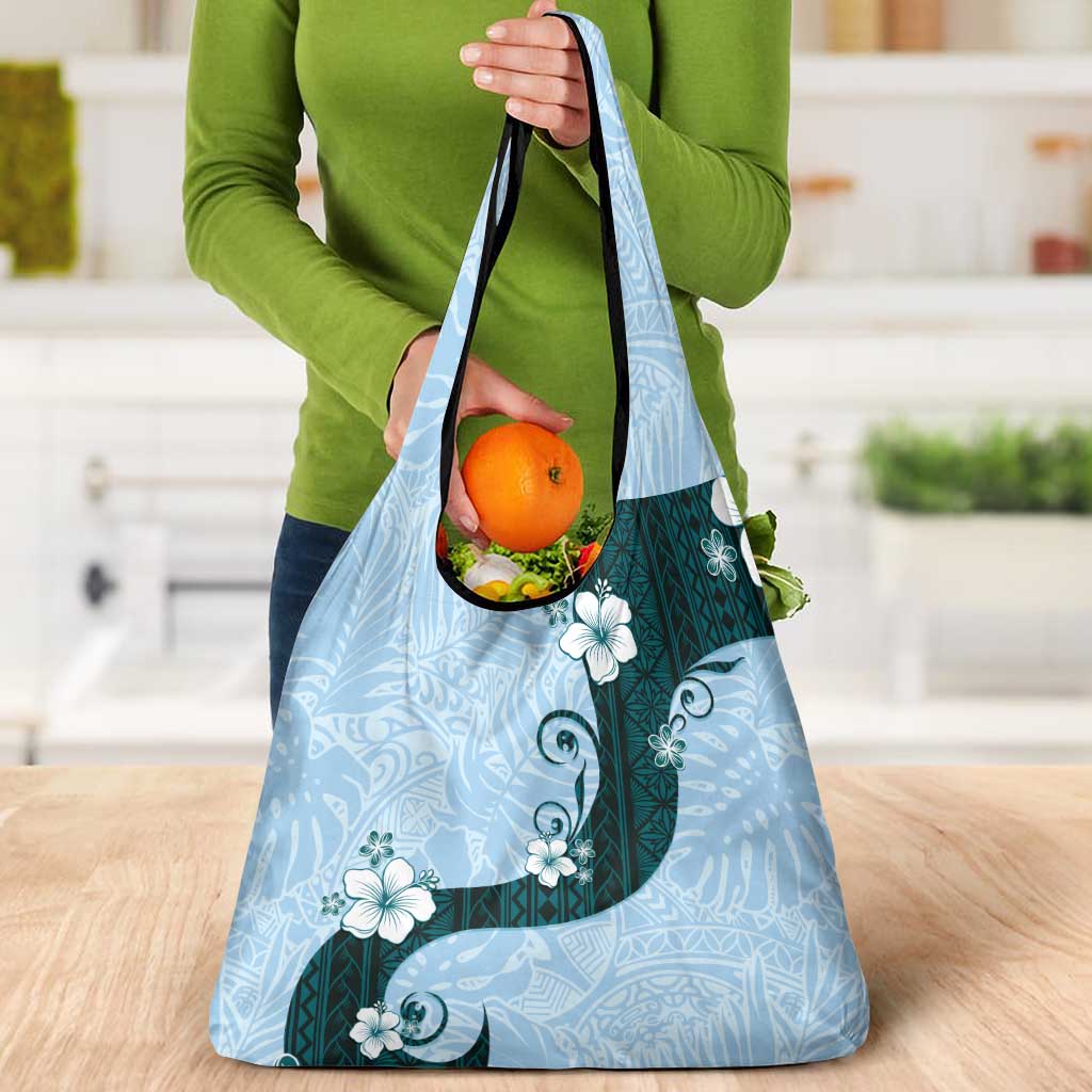 Polynesia Hibiscus Grocery Bag Sky Blue Curve Motif - Polynesian Pride