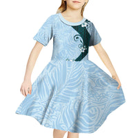 Polynesia Hibiscus Kid Short Sleeve Dress Sky Blue Curve Motif - Polynesian Pride