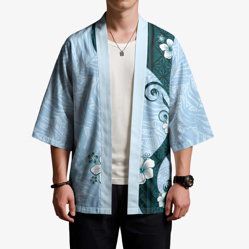 Polynesia Hibiscus Kimono Sky Blue Curve Motif - Polynesian Pride