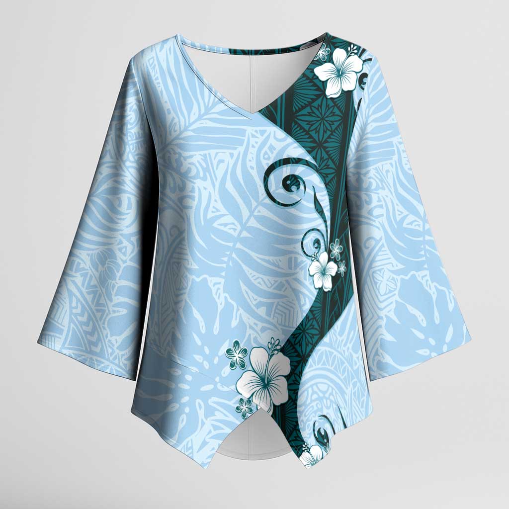 Polynesia Hibiscus Kimono Sleeve Blouse Sky Blue Curve Motif - Polynesian Pride