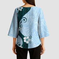 Polynesia Hibiscus Kimono Sleeve Blouse Sky Blue Curve Motif - Polynesian Pride