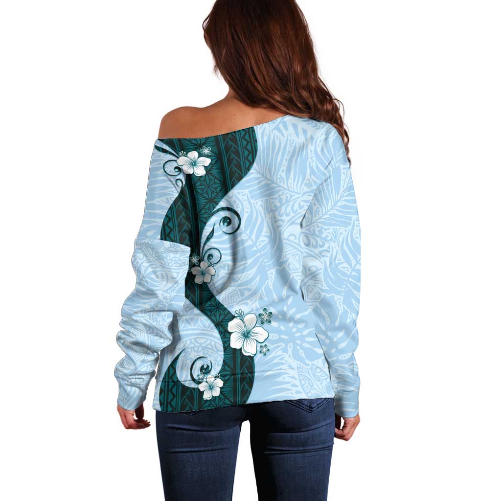 Polynesia Hibiscus Off Shoulder Sweater Sky Blue Curve Motif - Polynesian Pride