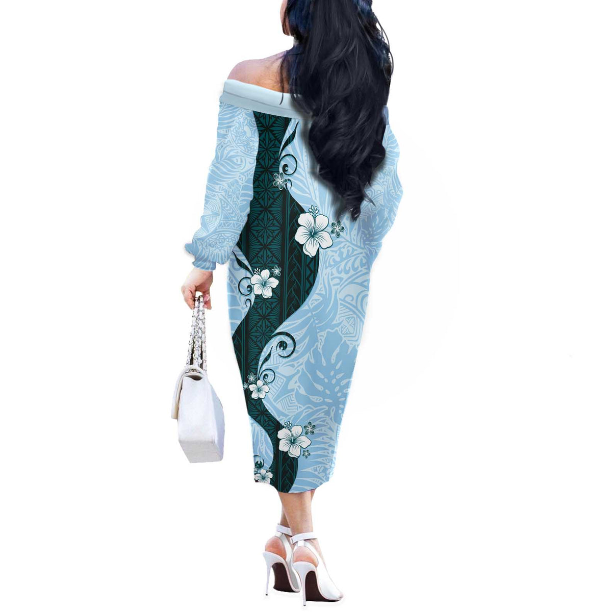 Polynesia Hibiscus Off The Shoulder Long Sleeve Dress Sky Blue Curve Motif - Polynesian Pride