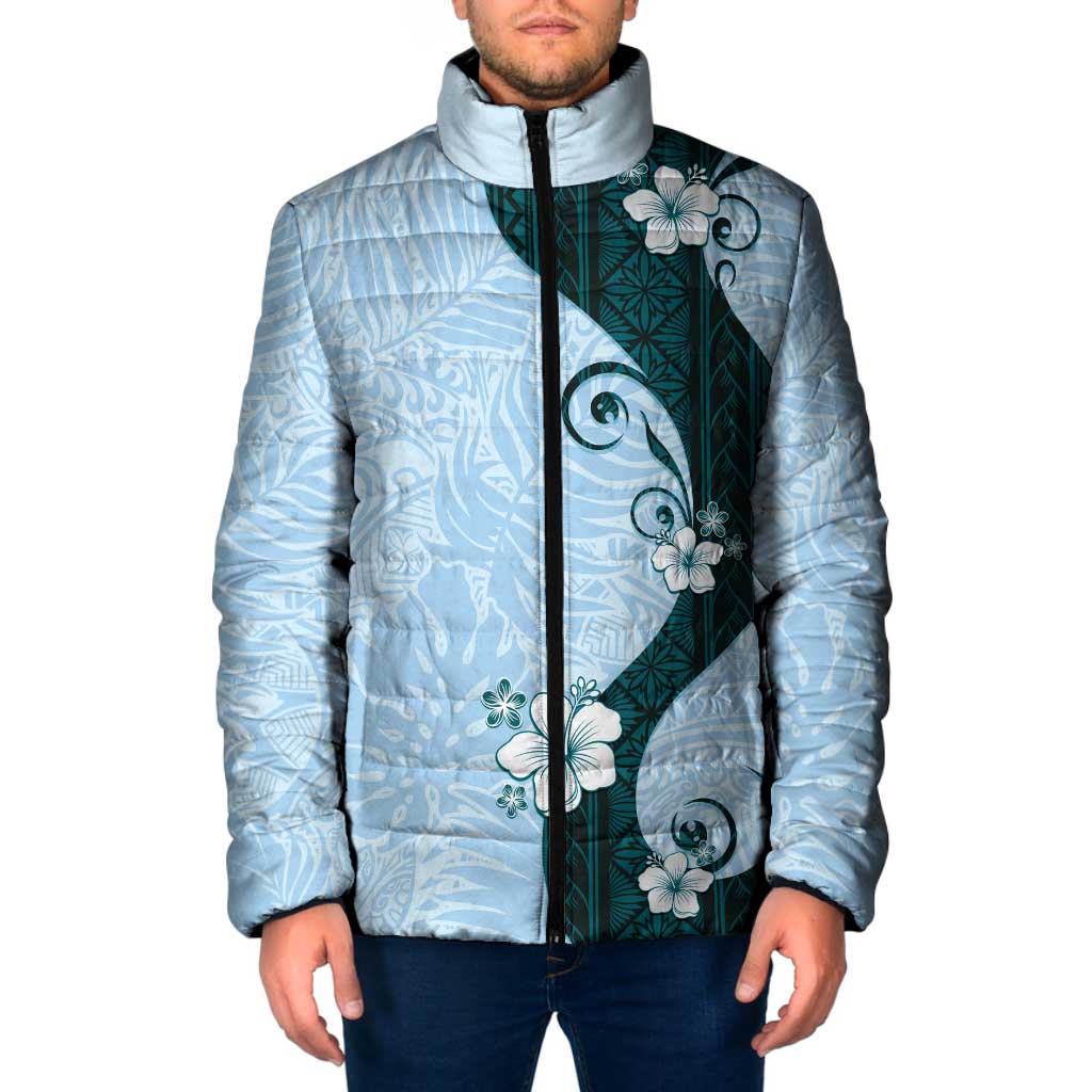 Polynesia Hibiscus Padded Jacket Sky Blue Curve Motif - Polynesian Pride
