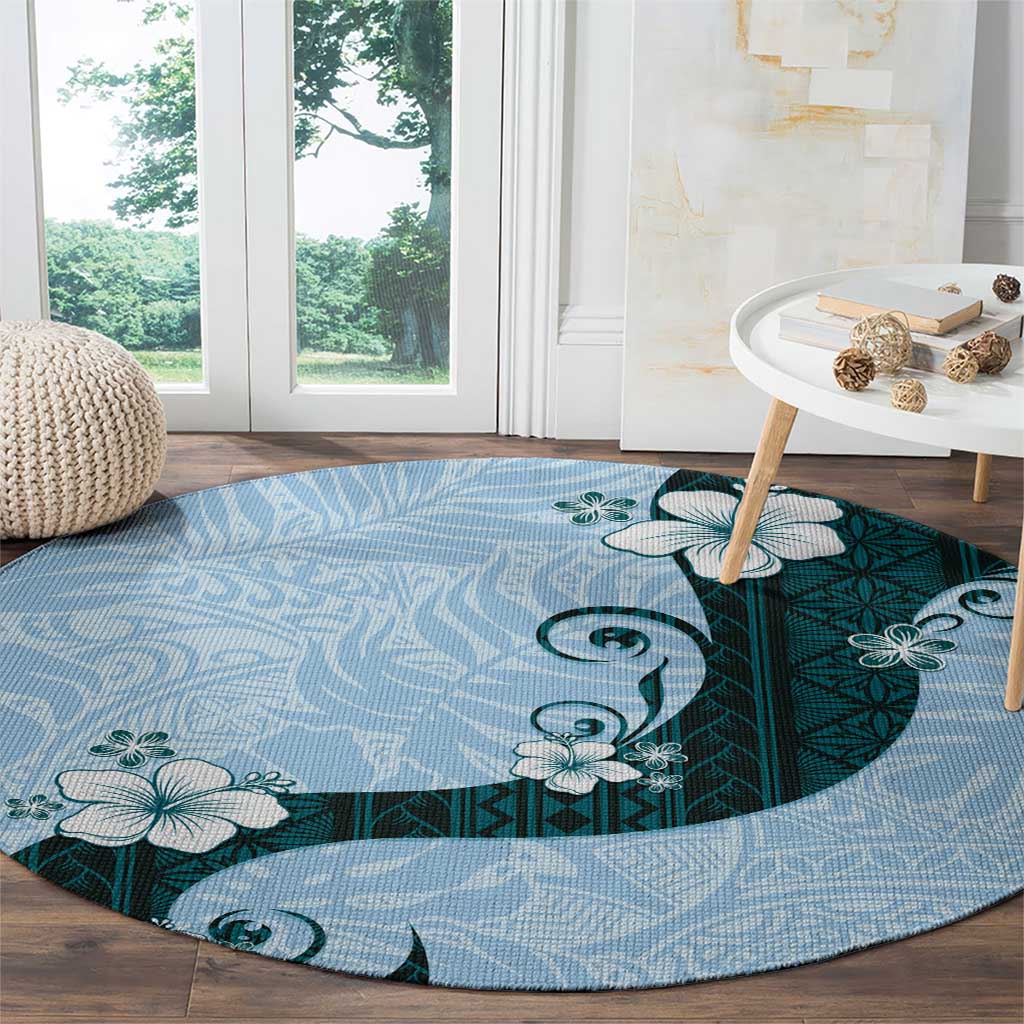 Polynesia Hibiscus Round Carpet Sky Blue Curve Motif - Polynesian Pride