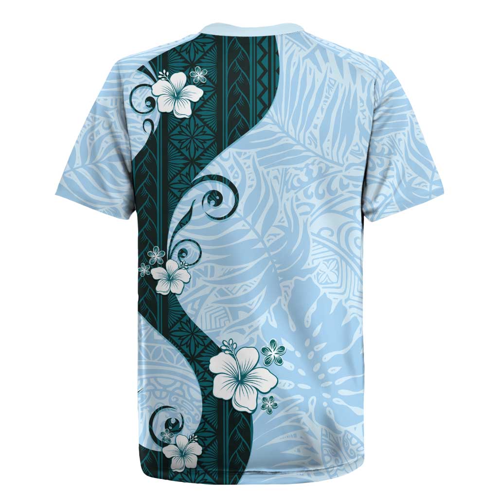 Polynesia Hibiscus Rugby Jersey Sky Blue Curve Motif - Polynesian Pride