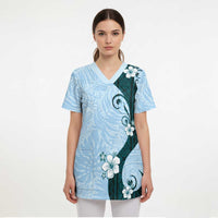 Polynesia Hibiscus Scrub Top Sky Blue Curve Motif - Polynesian Pride