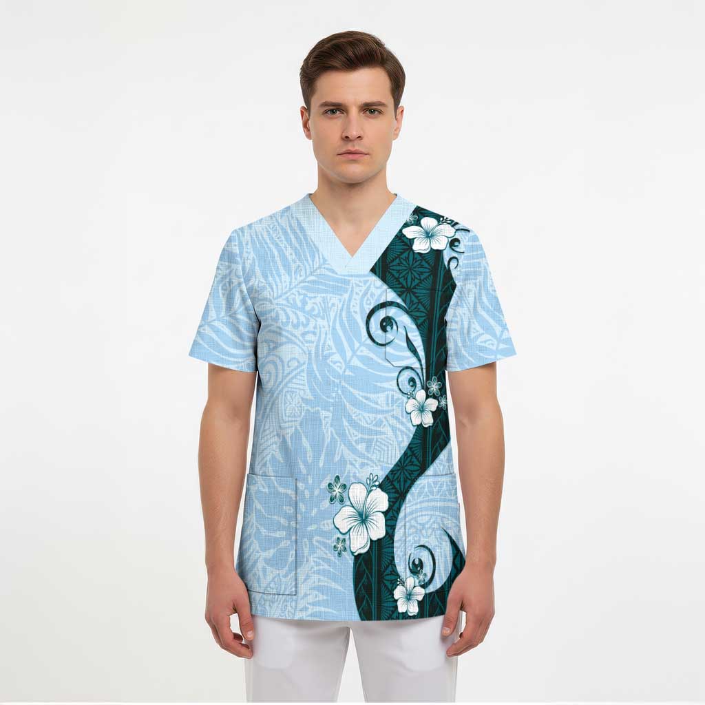 Polynesia Hibiscus Scrub Top Sky Blue Curve Motif - Polynesian Pride