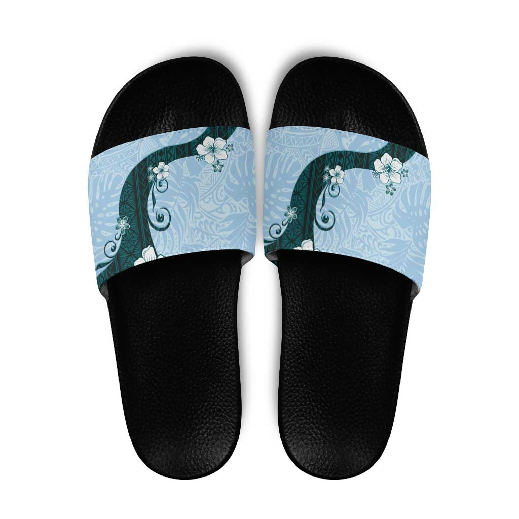 Polynesia Hibiscus Slide Sandals Sky Blue Curve Motif - Polynesian Pride