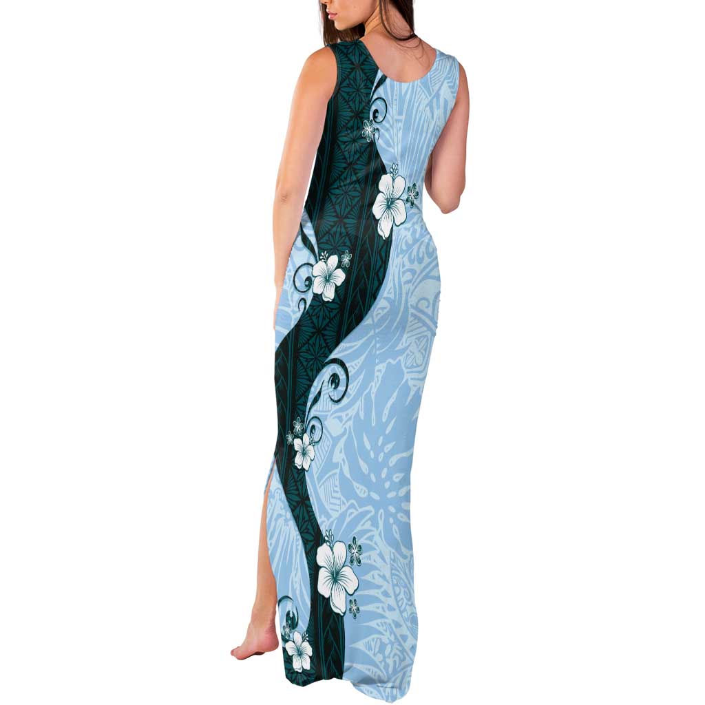 Polynesia Hibiscus Tank Maxi Dress Sky Blue Curve Motif - Polynesian Pride