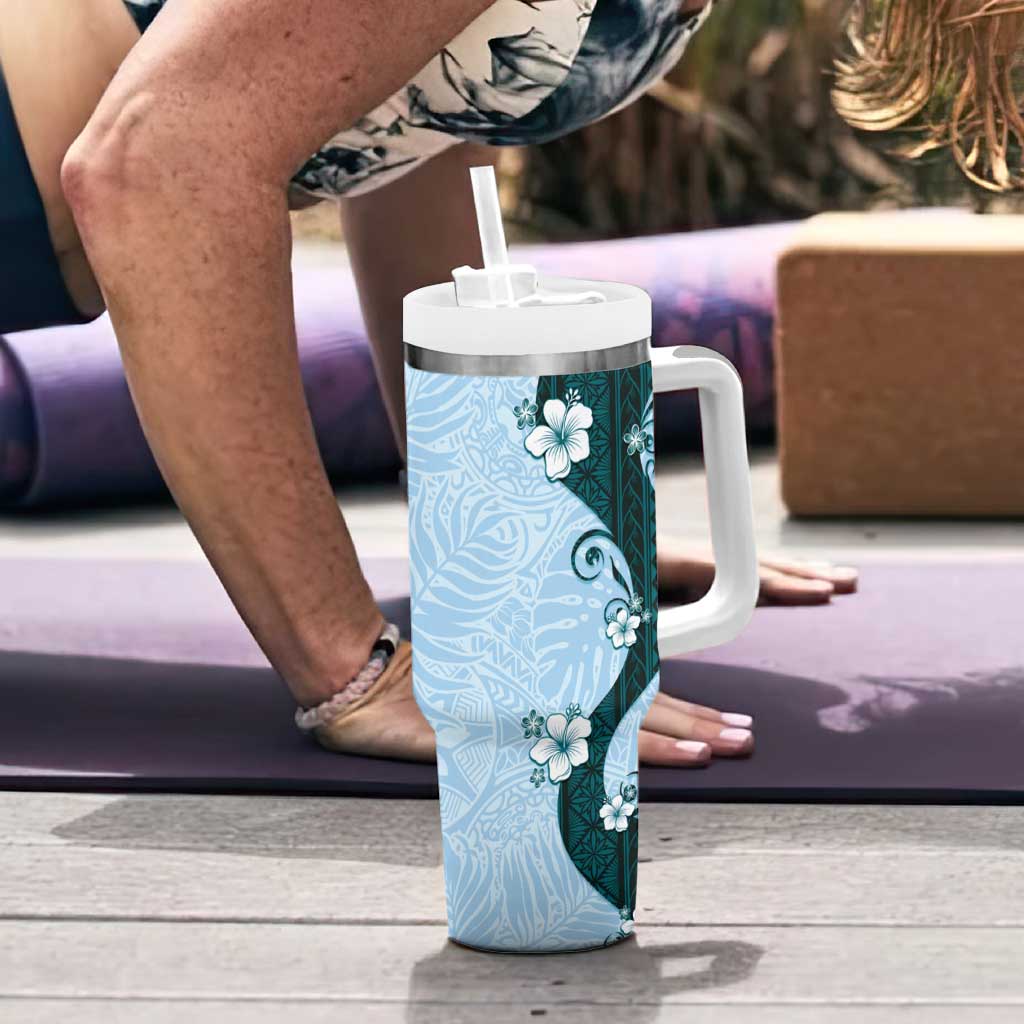 Polynesia Hibiscus Tumbler With Handle Sky Blue Curve Motif - Polynesian Pride