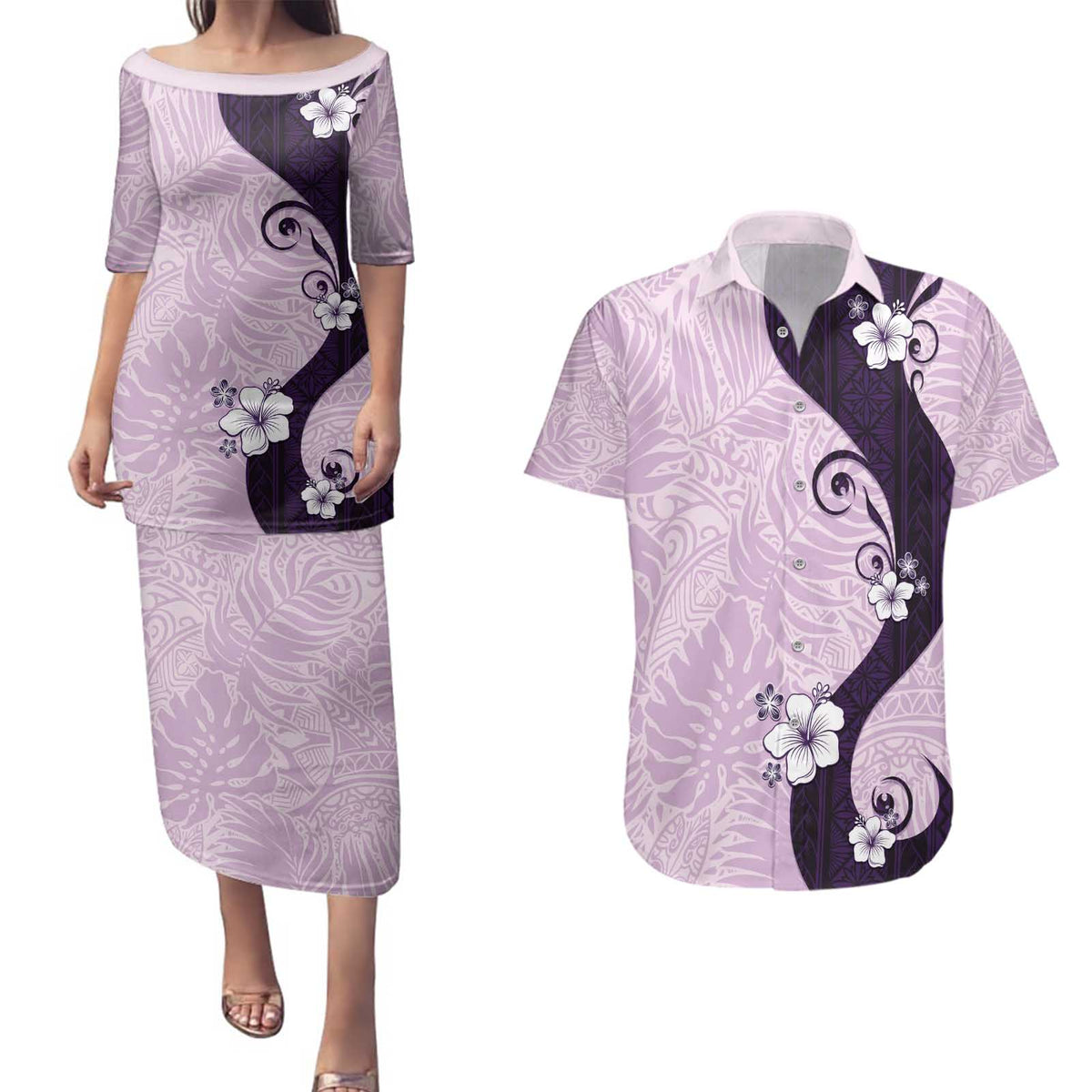 Polynesia Hibiscus Couples Matching Puletasi and Hawaiian Shirt Thistle Curve Motif - Polynesian Pride