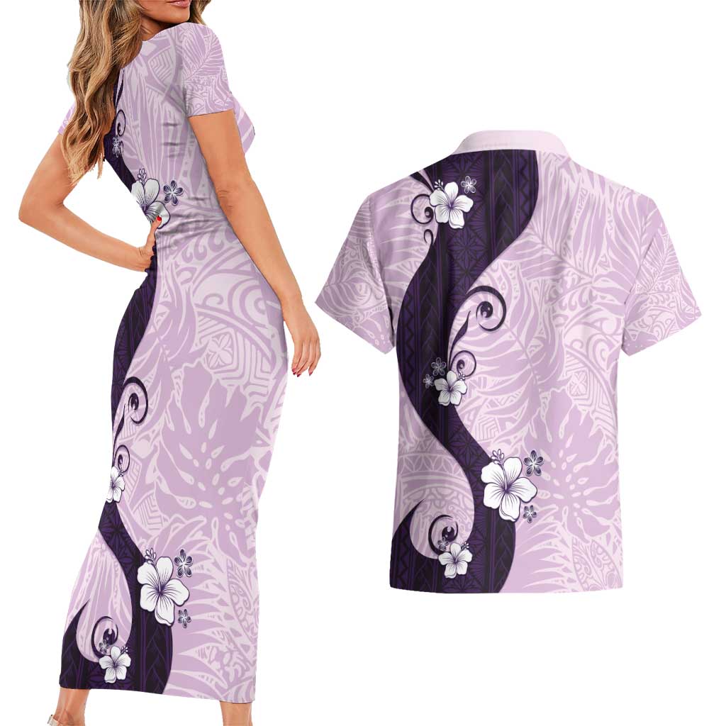 Polynesia Hibiscus Couples Matching Short Sleeve Bodycon Dress and Hawaiian Shirt Thistle Curve Motif - Polynesian Pride