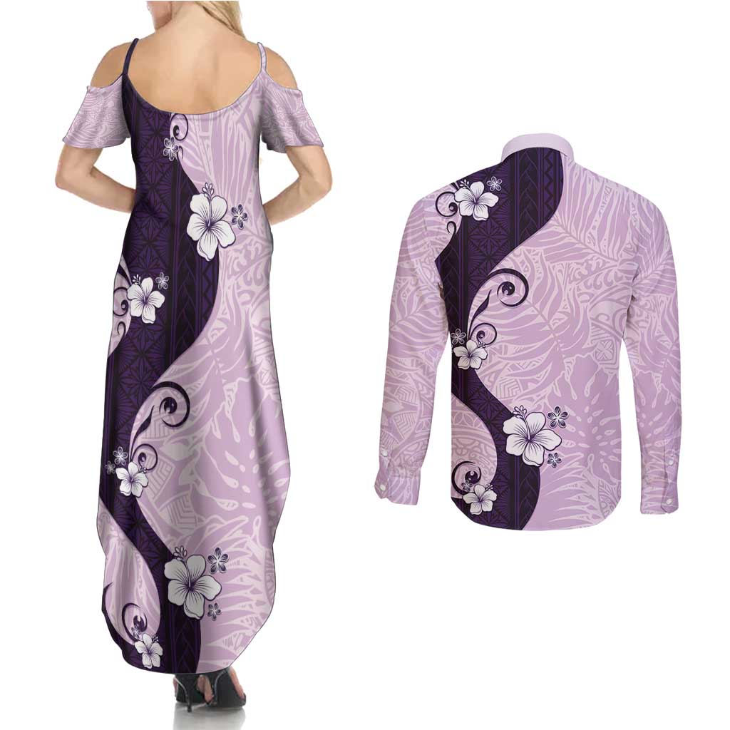 Polynesia Hibiscus Couples Matching Summer Maxi Dress and Long Sleeve Button Shirt Thistle Curve Motif - Polynesian Pride