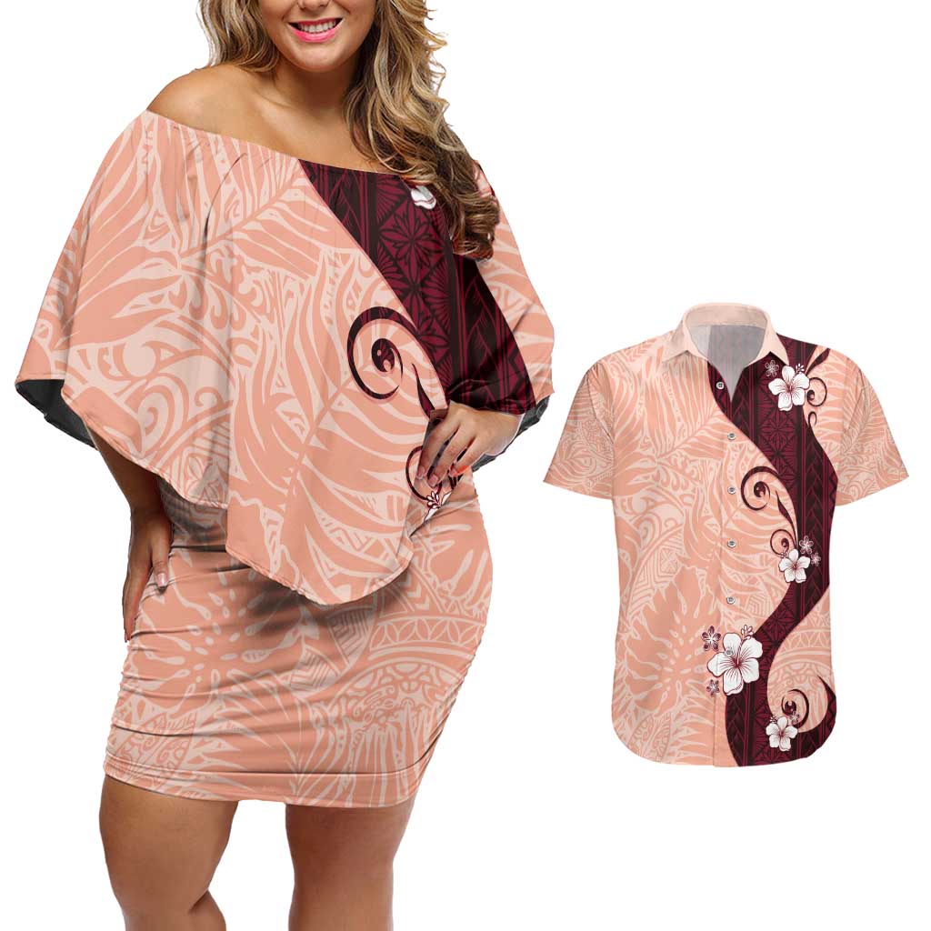 Polynesia Hibiscus Couples Matching Off Shoulder Short Dress and Hawaiian Shirt Rose Bud Curve Motif - Polynesian Pride