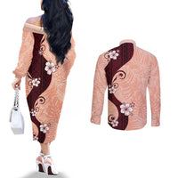 Polynesia Hibiscus Couples Matching Off The Shoulder Long Sleeve Dress and Long Sleeve Button Shirt Rose Bud Curve Motif LT05 - Polynesian Pride