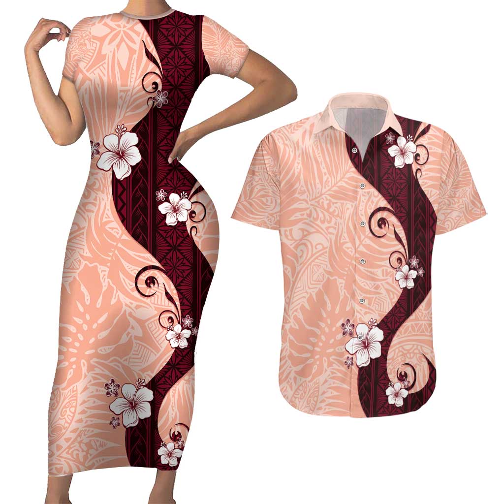 Polynesia Hibiscus Couples Matching Short Sleeve Bodycon Dress and Hawaiian Shirt Rose Bud Curve Motif - Polynesian Pride