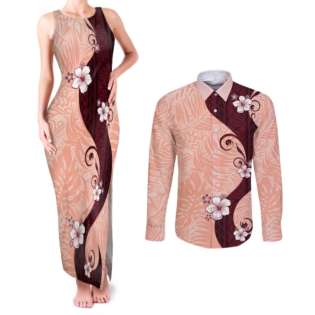 Polynesia Hibiscus Couples Matching Tank Maxi Dress and Long Sleeve Button Shirt Rose Bud Curve Motif - Polynesian Pride