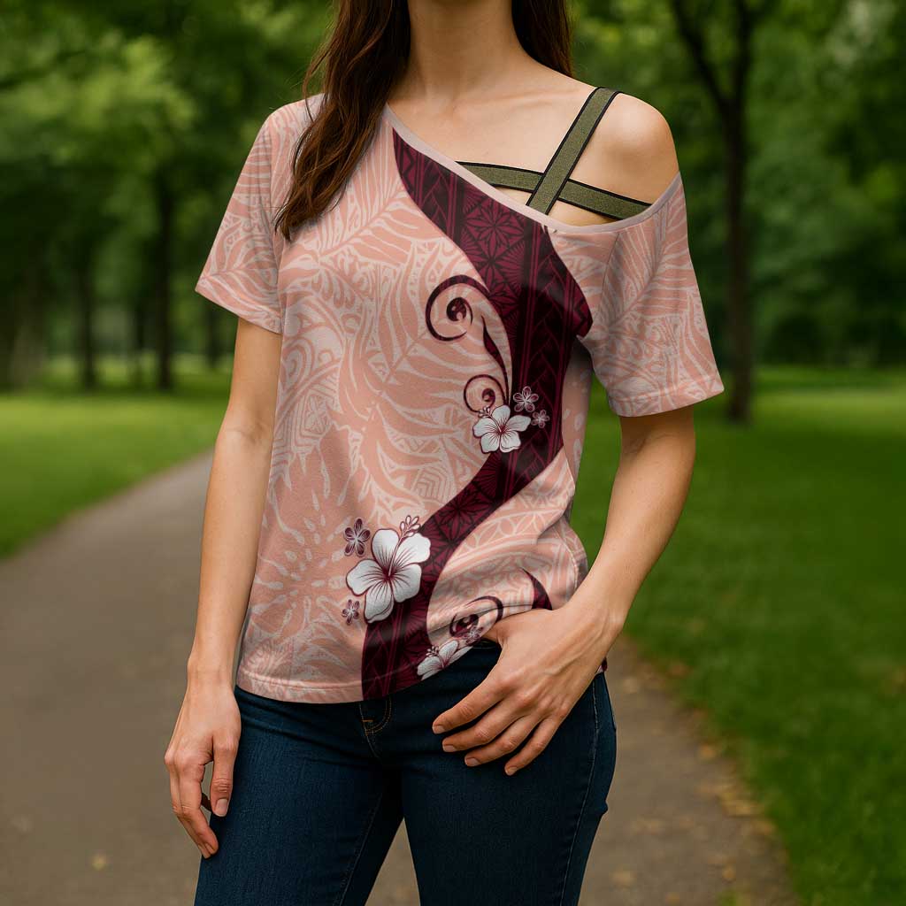 Polynesia Hibiscus Cross Shoulder Shirt Rose Bud Curve Motif - Polynesian Pride