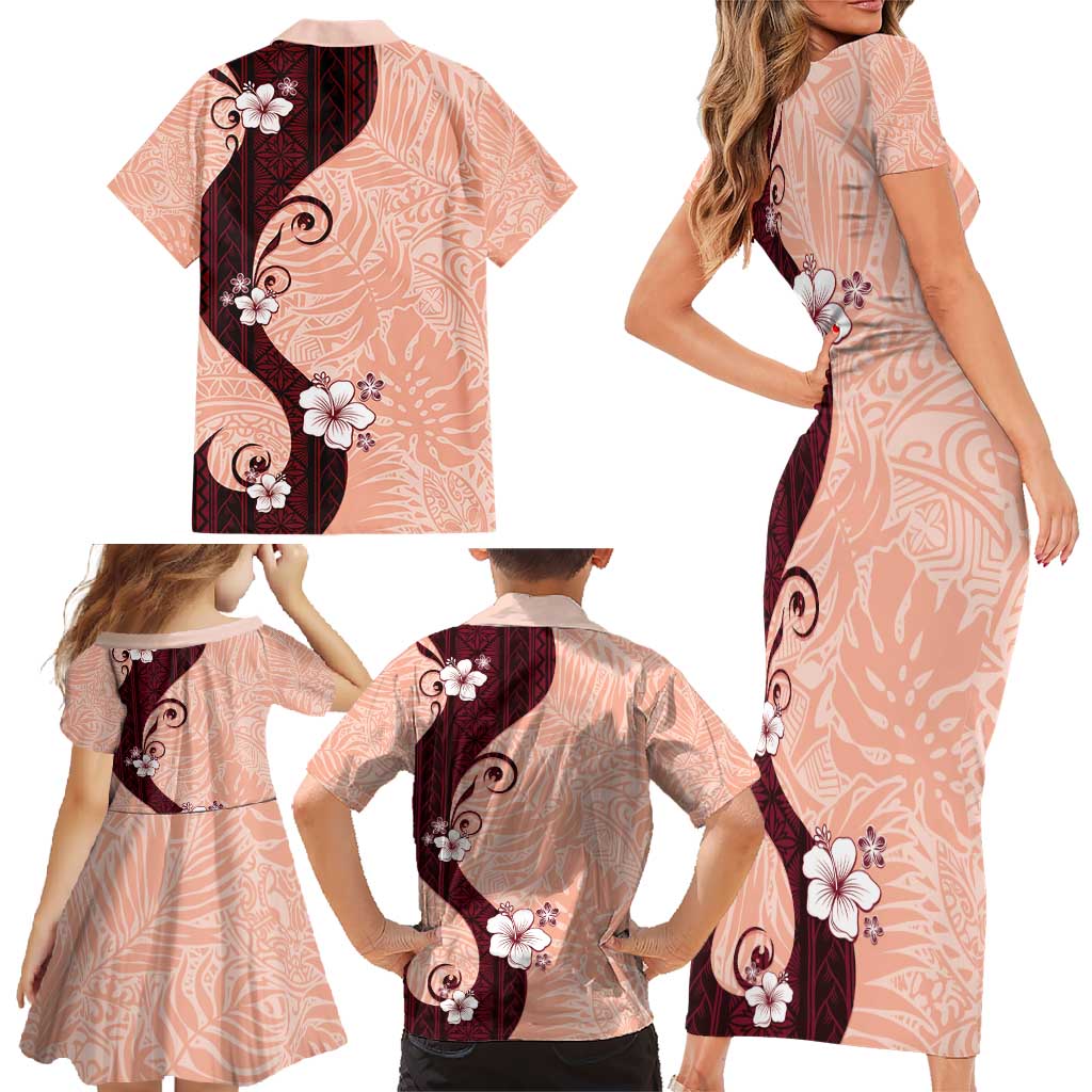 Polynesia Hibiscus Family Matching Short Sleeve Bodycon Dress and Hawaiian Shirt Rose Bud Curve Motif - Polynesian Pride