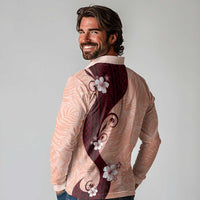 Polynesia Hibiscus Long Sleeve Polo Shirt Rose Bud Curve Motif - Polynesian Pride
