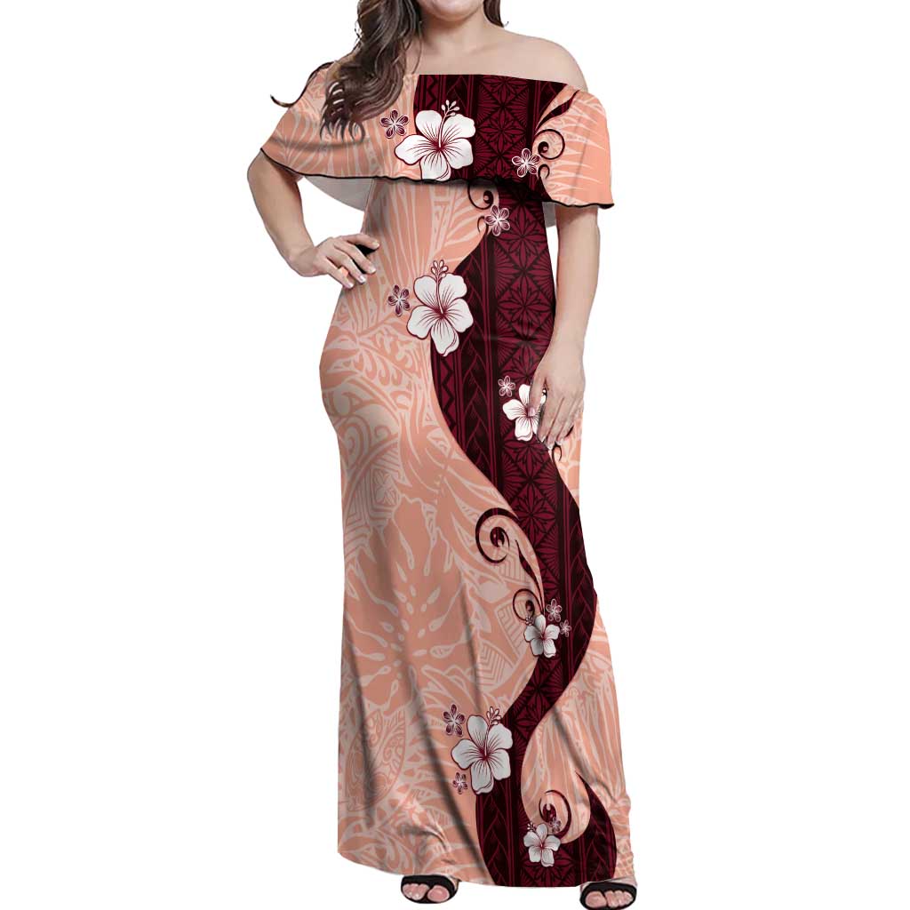 Polynesia Hibiscus Off Shoulder Maxi Dress Rose Bud Curve Motif - Polynesian Pride