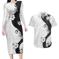 Polynesia Hibiscus Couples Matching Long Sleeve Bodycon Dress and Hawaiian Shirt White Curve Motif - Polynesian Pride