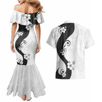 Polynesia Hibiscus Couples Matching Mermaid Dress and Hawaiian Shirt White Curve Motif - Polynesian Pride
