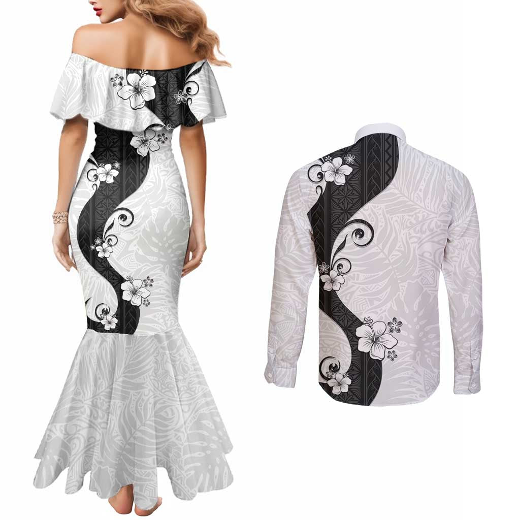 Polynesia Hibiscus Couples Matching Mermaid Dress and Long Sleeve Button Shirt White Curve Motif - Polynesian Pride