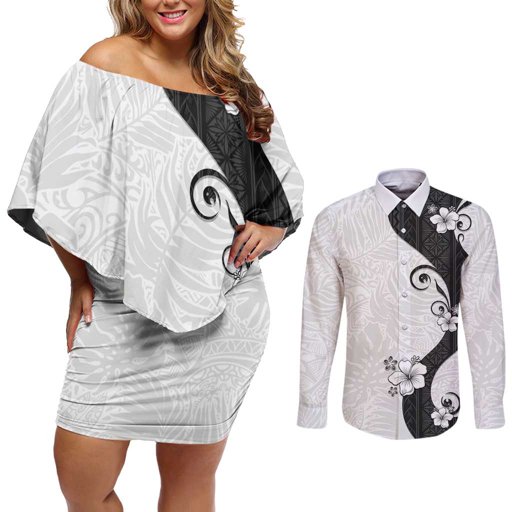 Polynesia Hibiscus Couples Matching Off Shoulder Short Dress and Long Sleeve Button Shirt White Curve Motif - Polynesian Pride