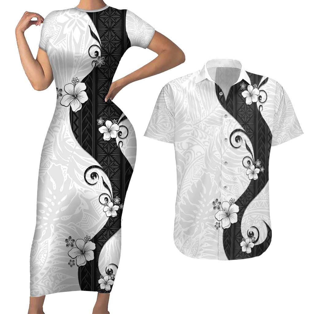Polynesia Hibiscus Couples Matching Short Sleeve Bodycon Dress and Hawaiian Shirt White Curve Motif - Polynesian Pride