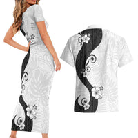 Polynesia Hibiscus Couples Matching Short Sleeve Bodycon Dress and Hawaiian Shirt White Curve Motif - Polynesian Pride