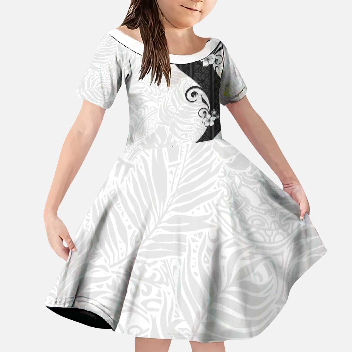 Polynesia Hibiscus Family Matching Off The Shoulder Long Sleeve Dress and Hawaiian Shirt White Curve Motif - Polynesian Pride
