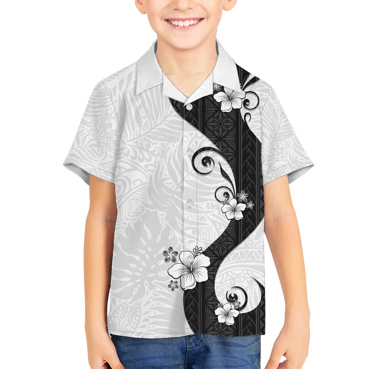 Polynesia Hibiscus Family Matching Off The Shoulder Long Sleeve Dress and Hawaiian Shirt White Curve Motif - Polynesian Pride