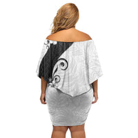 Polynesia Hibiscus Family Matching Off Shoulder Short Dress and Hawaiian Shirt White Curve Motif - Polynesian Pride