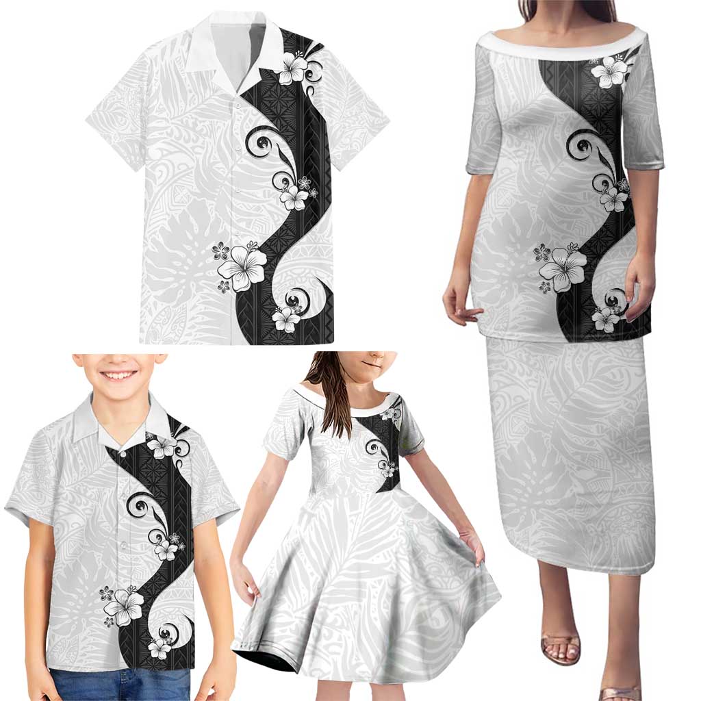 Polynesia Hibiscus Family Matching Puletasi and Hawaiian Shirt White Curve Motif LT05 - Polynesian Pride