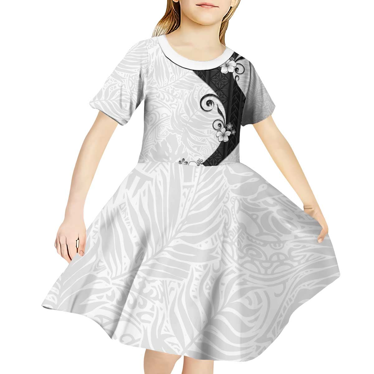 Polynesia Hibiscus Kid Short Sleeve Dress White Curve Motif - Polynesian Pride