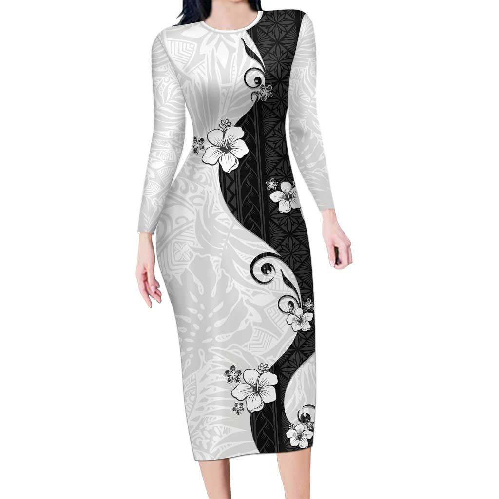 Polynesia Hibiscus Long Sleeve Bodycon Dress White Curve Motif - Polynesian Pride