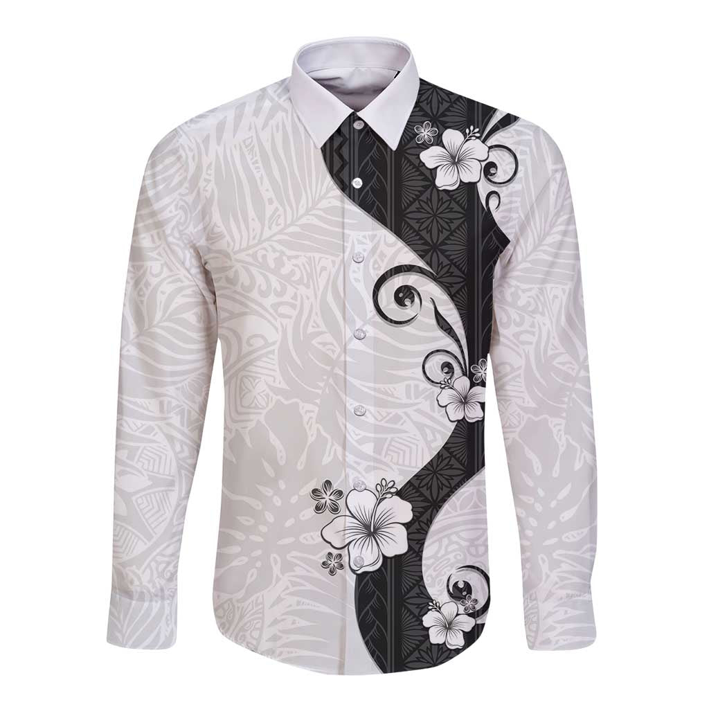Polynesia Hibiscus Long Sleeve Button Shirt White Curve Motif LT05 Unisex White - Polynesian Pride