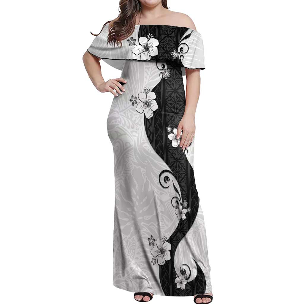 Polynesia Hibiscus Off Shoulder Maxi Dress White Curve Motif - Polynesian Pride
