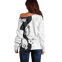 Polynesia Hibiscus Off Shoulder Sweater White Curve Motif - Polynesian Pride