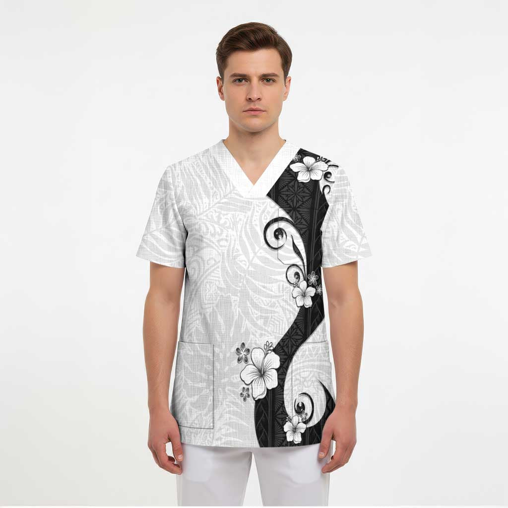 Polynesia Hibiscus Scrub Top White Curve Motif - Polynesian Pride