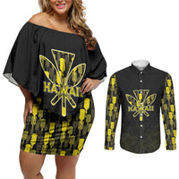 Personalised Aloha Hawaii Kahili Couples Matching Off Shoulder Short Dress and Long Sleeve Button Shirt Kanaka Maoli With Kakau Pattern