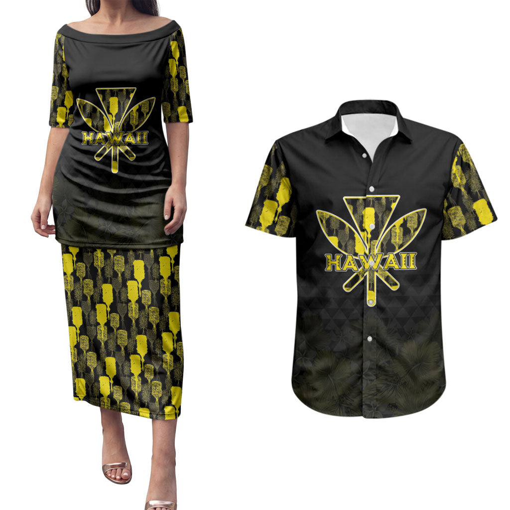 Personalised Aloha Hawaii Kahili Couples Matching Puletasi and Hawaiian Shirt Kanaka Maoli With Kakau Pattern