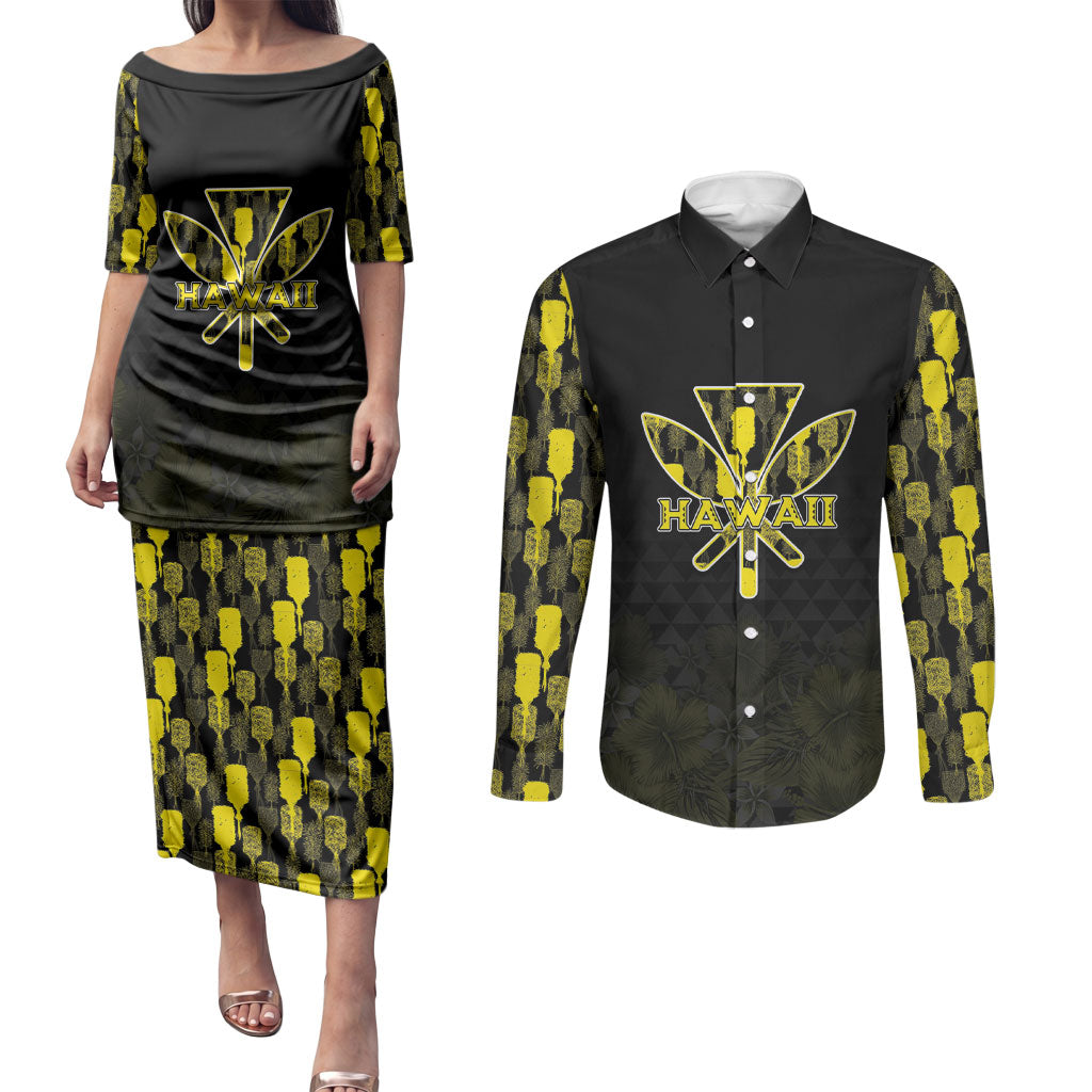 Personalised Aloha Hawaii Kahili Couples Matching Puletasi and Long Sleeve Button Shirt Kanaka Maoli With Kakau Pattern