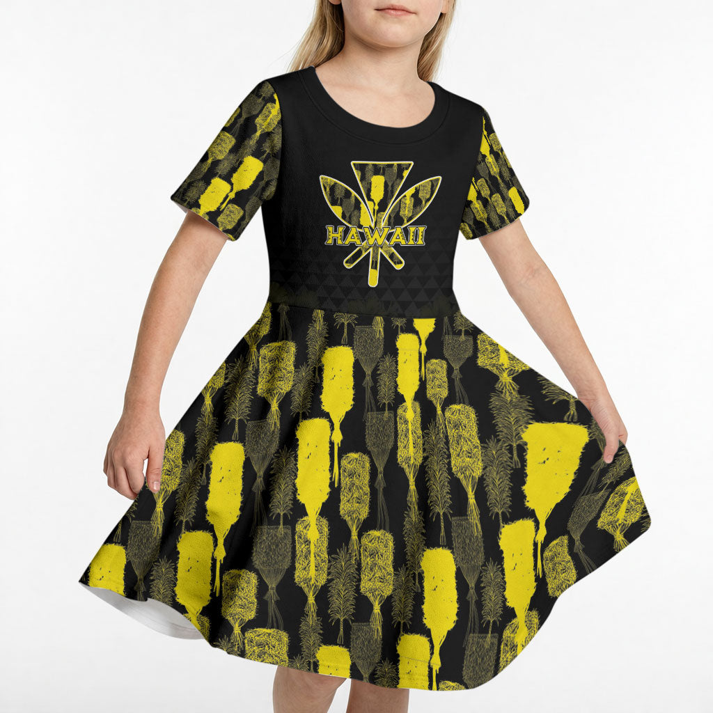 Personalised Aloha Hawaii Kahili Kid Short Sleeve Dress Kanaka Maoli With Kakau Pattern